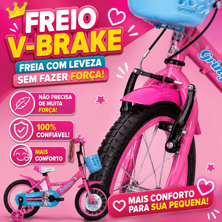 Bicicleta Infantil Menina Aro 16 Princesa 4-8 Anos com Rodinhas + Cestinha + LED