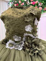 Vestido Juvenil Vila Lele Regata Flores Verde Militar