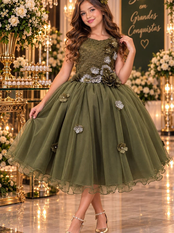 Vestido Juvenil Vila Lele Regata Flores Verde Militar