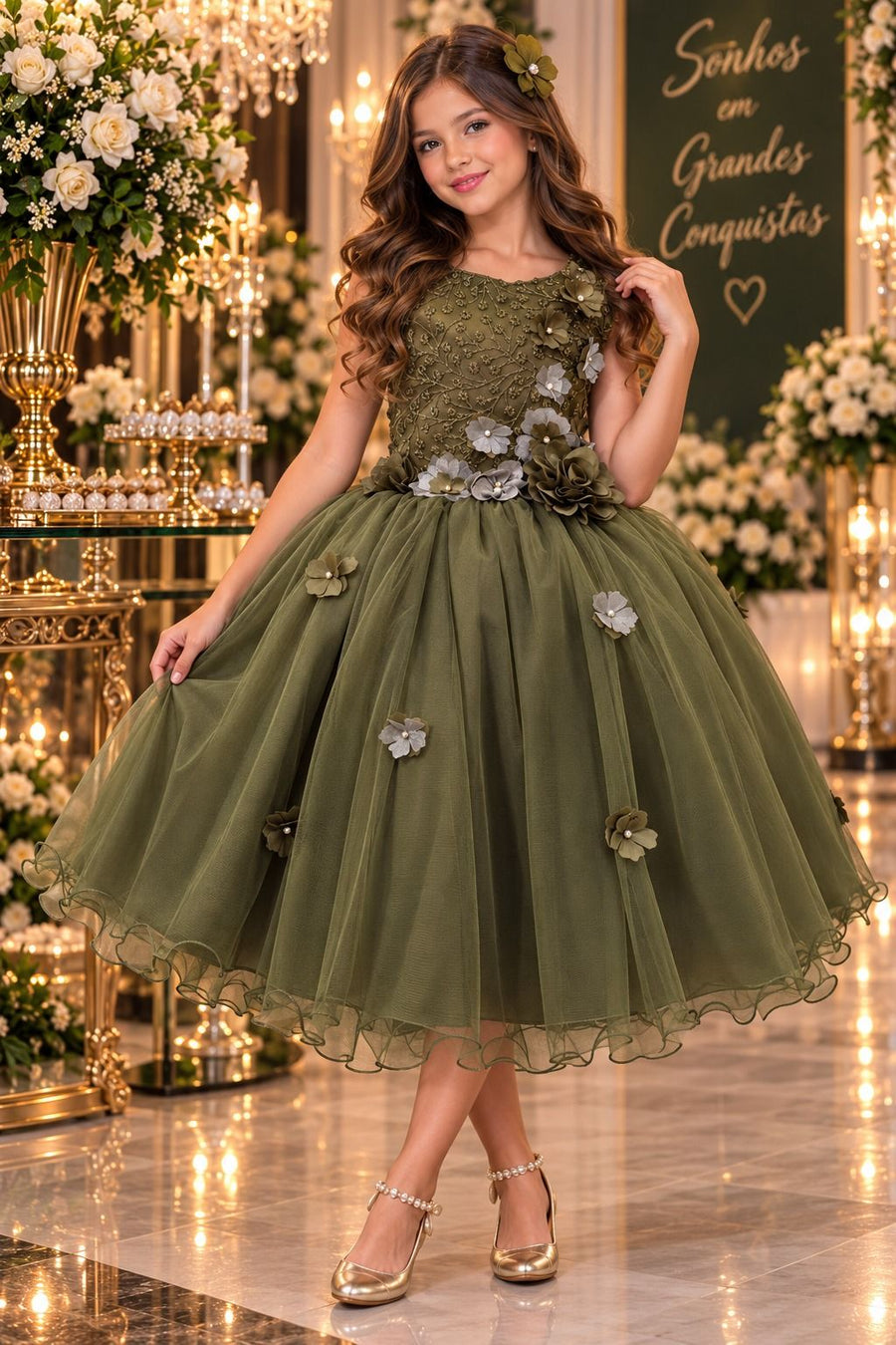 Vestido Juvenil Vila Lele Regata Flores Verde Militar