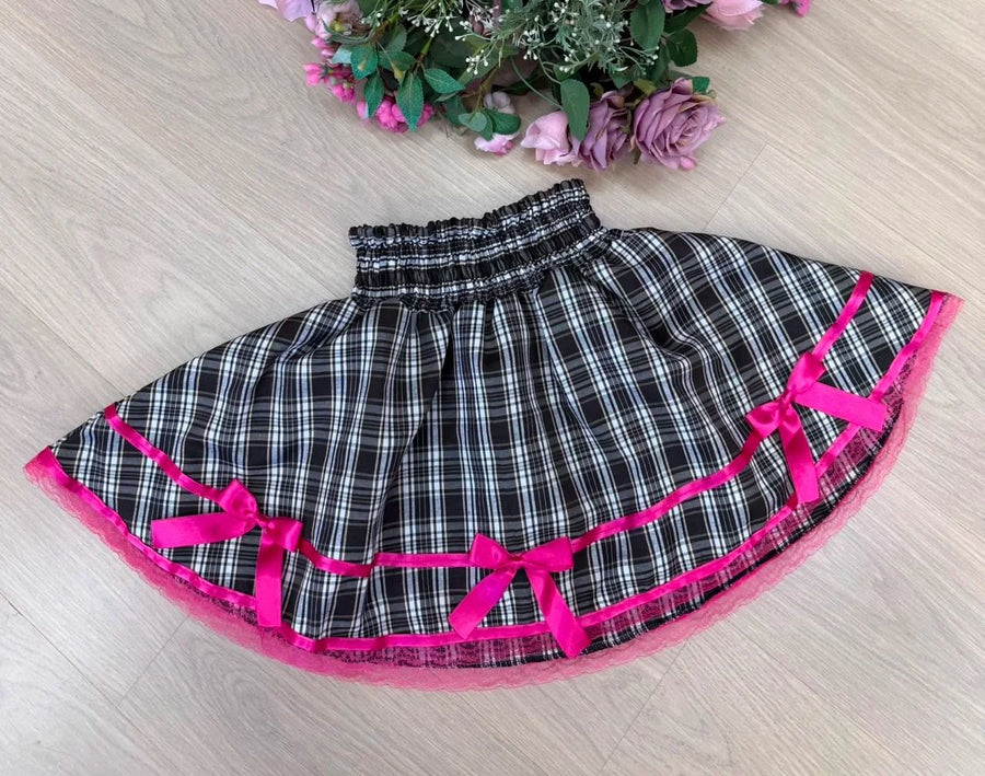 Saia Junina Adulta Xadrez Renda Pink