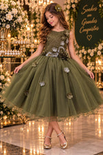 Vestido Juvenil Vila Lele Regata Flores Verde Militar