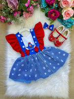 Romper/Vestido Princesa Belli Galinha Pintadinha Azul e Vermelho