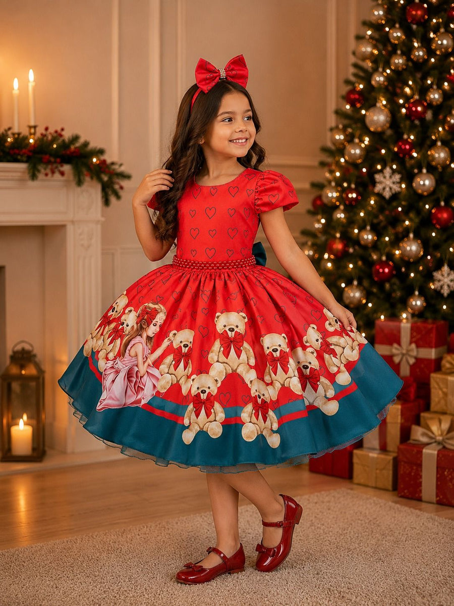 Vestido Mimadine Ursinho Menininha Vermelho Natal