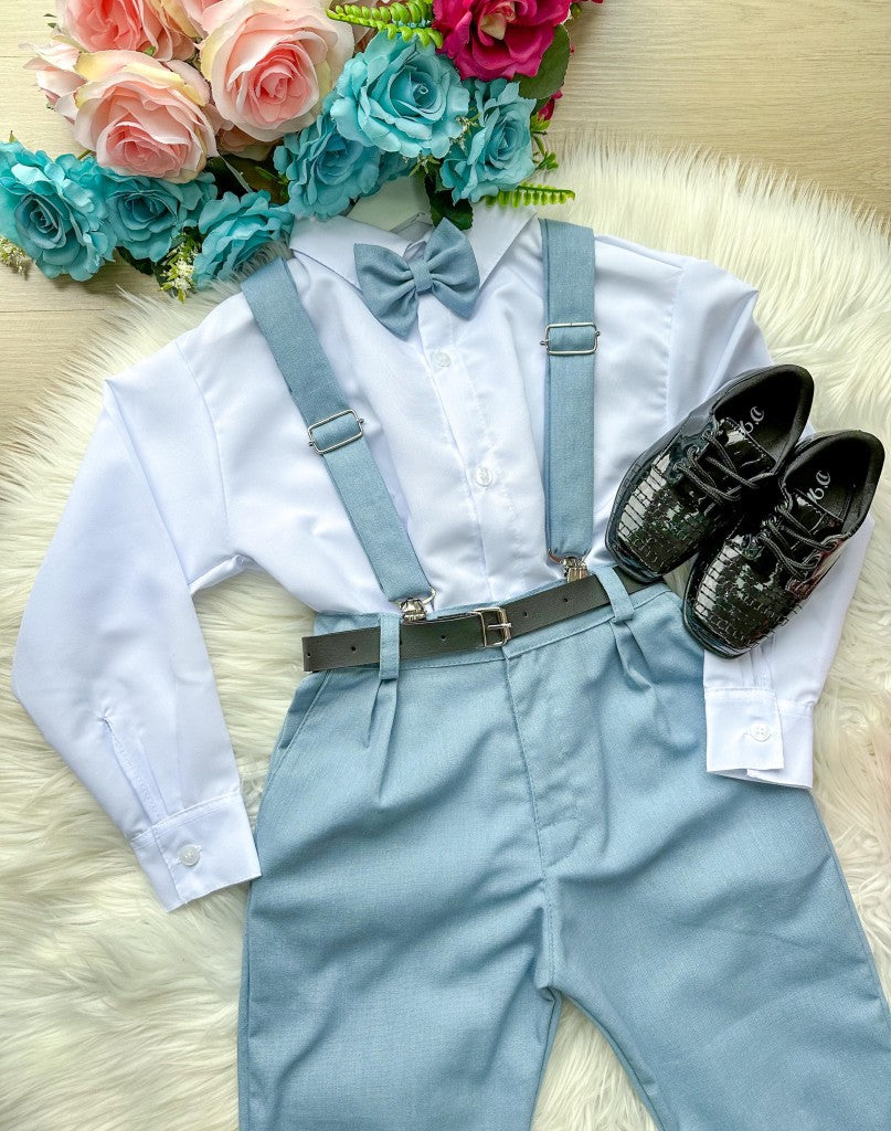 Conjunto Meninos Miss Cherry Leo Suspensorio Azul Claro