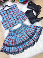 Conjunto Junino Miss Cherry Melissa Xadrez Azul Bebe