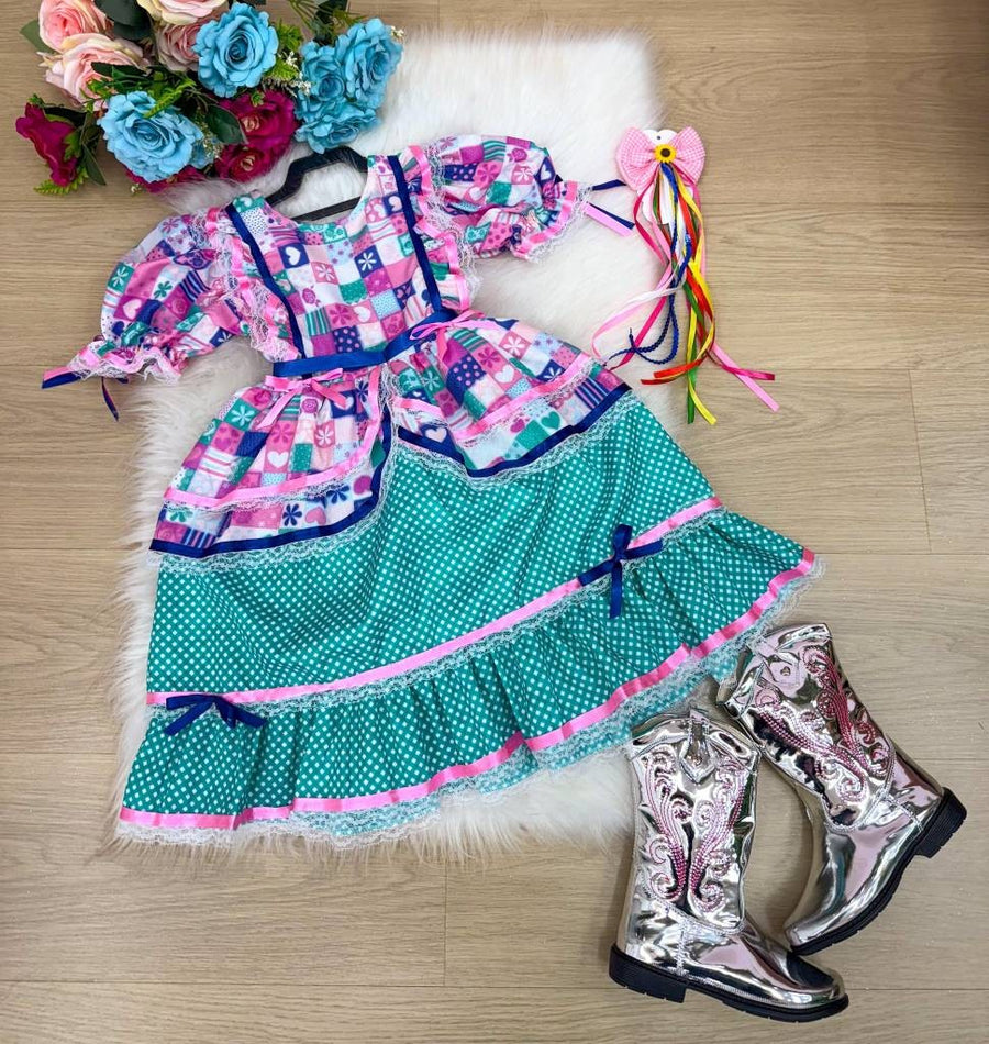 Vestido Bella Child Junino Celebração Caipira Verde Tiffany