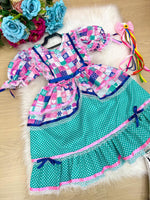 Vestido Bella Child Junino Celebração Caipira Verde Tiffany
