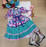 Vestido Bella Child Junino Celebração Caipira Verde Tiffany