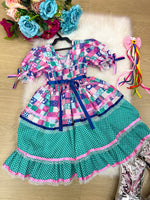 Vestido Bella Child Junino Celebração Caipira Verde Tiffany