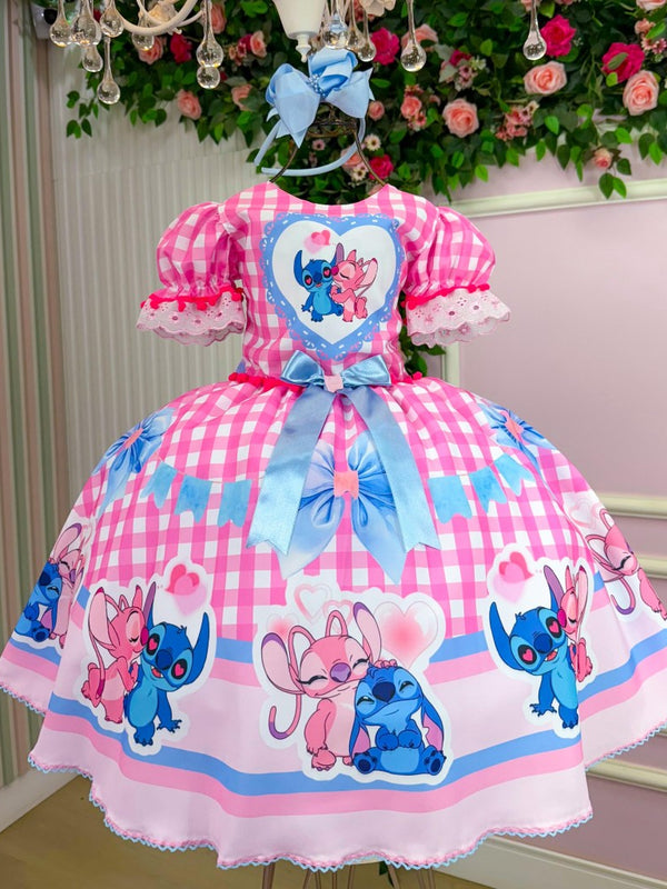 Vestido Junino Tematico Luxo Lilo Stitch Rosa Bebe Modelo 2