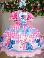 Vestido Junino Tematico Luxo Lilo Stitch Rosa Bebe Modelo 2