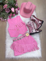 Kit Conjunto Blogueirinha Boiadeira Jeans Rosa + Chapéu