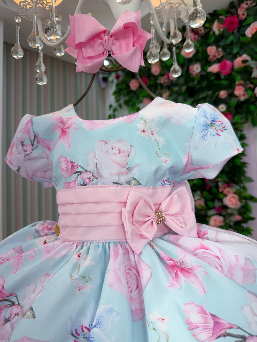 Vestido Ysa Kids Jardim Florido Elisa Azul Bebe