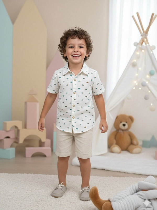 Conjunto Meninos Lucas Henrique Banana Club Shorts Linho Camisa Off