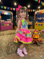 Vestido Junino Banana Club Luxo Encanto da Roça Rosa Neon