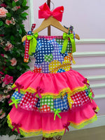 Vestido Junino Banana Club Luxo Encanto da Roça Rosa Neon