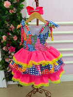 Vestido Junino Banana Club Luxo Encanto da Roça Rosa Neon