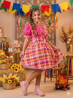 Vestido Junino Salopete Banana Club Luxo Arráia da Fofura