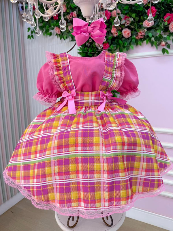 Vestido Junino Salopete Banana Club Luxo Arráia da Fofura