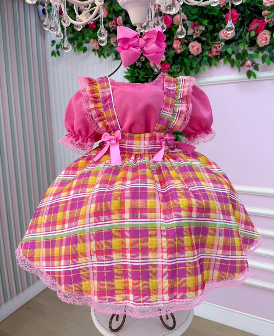 Vestido Junino Salopete Banana Club Luxo Arráia da Fofura