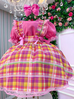 Vestido Junino Salopete Banana Club Luxo Arráia da Fofura