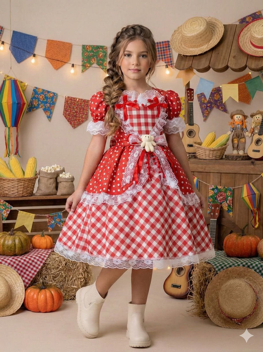 Vestido Marie Junino Luxo Ursinho do Sertão Vermelho