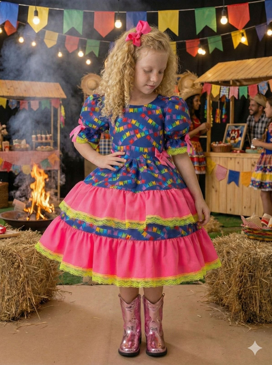 Vestido Junino Banana Club Luxo Bandeirinha do Amor