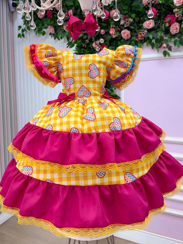 Vestido Junino Banana Club Luxo Coração Junino Amarelo