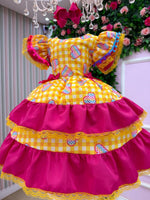 Vestido Junino Banana Club Luxo Coração Junino Amarelo