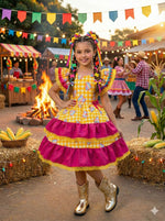 Vestido Junino Banana Club Luxo Coração Junino Amarelo