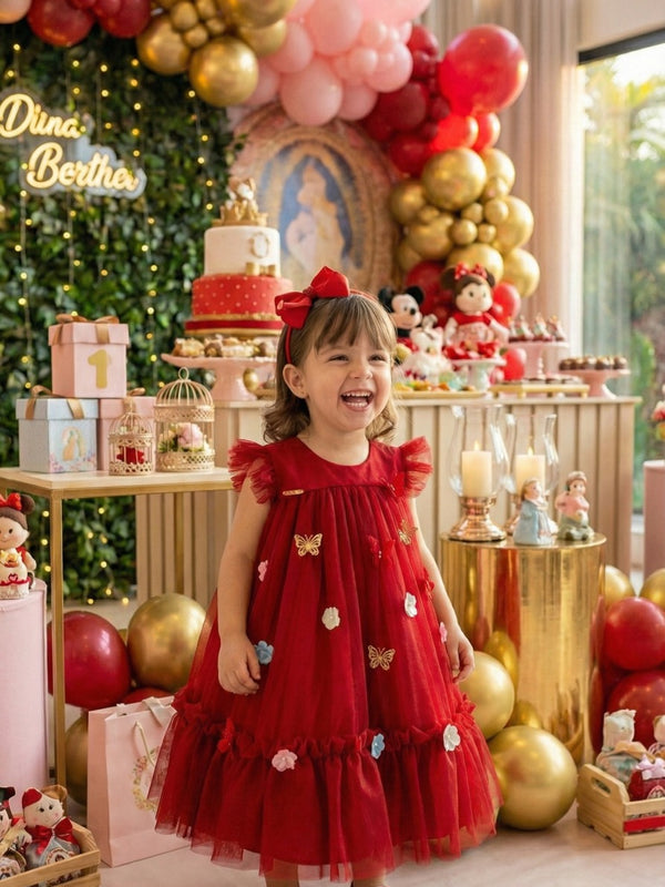 Vestido Vila Lele Jardim das Borboletas Baby Liz Vermelho