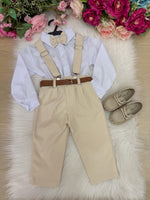 Conjunto Meninos Miss Cherry Leo Suspensorio Palha - Bege