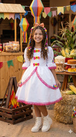 Vestido Junino Banana Club Luxo Noiva/Noivinha Lacinhos Branco