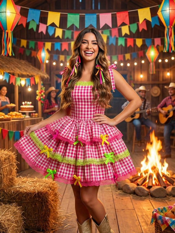Vestido Banana Club Junino Luxo Adulto Arraia do Chamego Pink