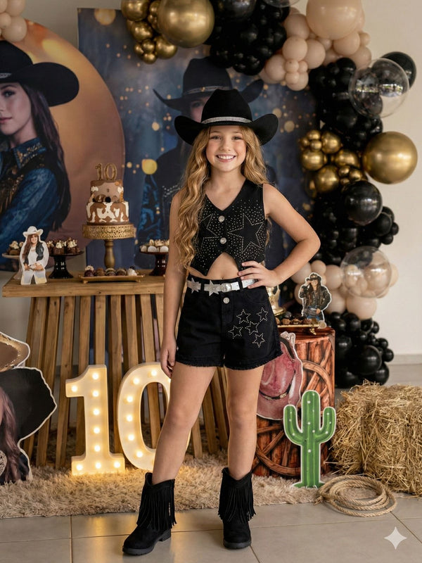 Conjunto Blogueirinha Boiadeira Estrelada Preto