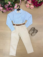 Conjunto Social Miss Cherry Henrique Azul Calça Bege
