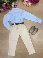 Conjunto Social Miss Cherry Henrique Azul Calça Bege
