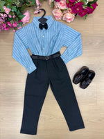 Conjunto Social Miss Cherry Henrique Azul Calça Preta