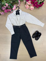 Conjunto Social Miss Cherry Henrique Bege Calça Preta