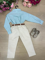 Conjunto Social Miss Cherry Henrique Verde Calça Bege