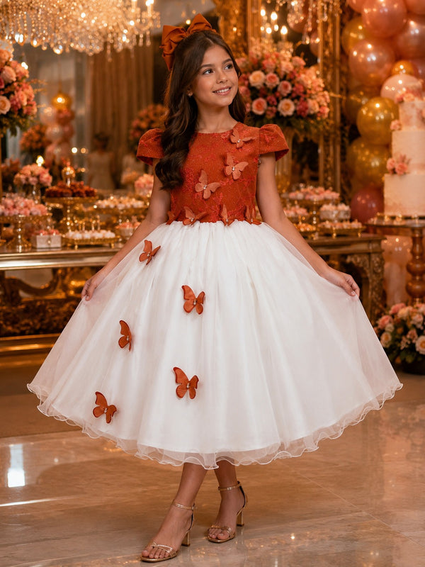 Vestido Juvenil - Midi Vila Lele Sabrina Terracota e Off