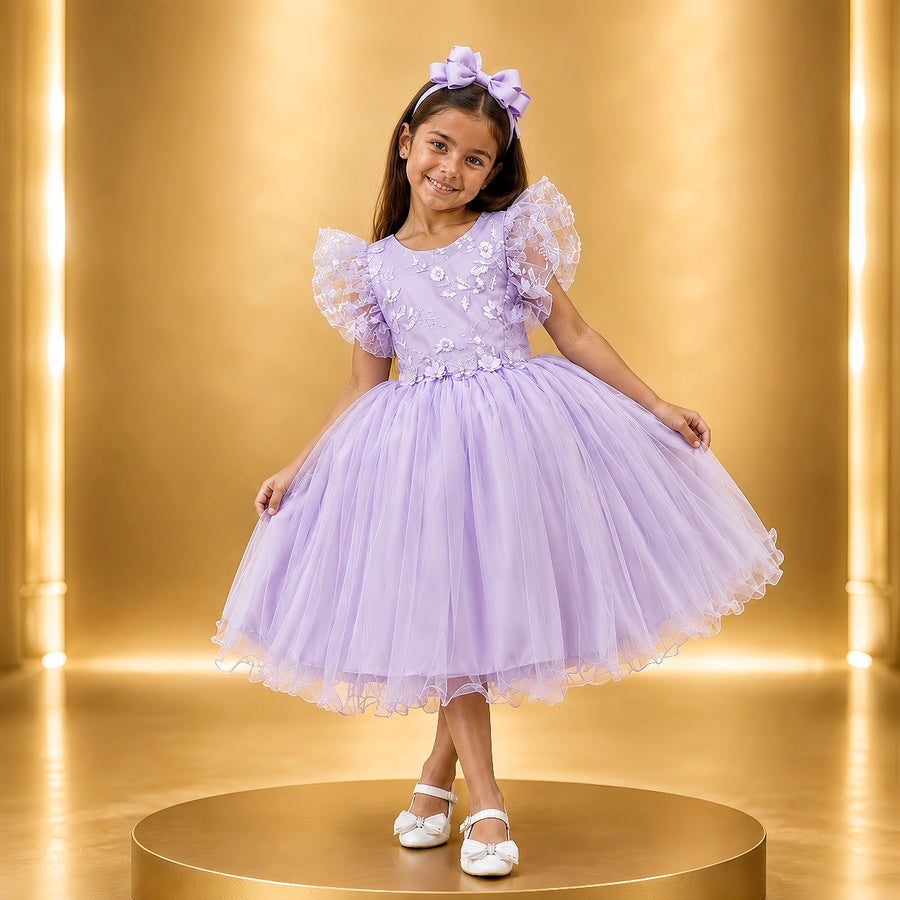 Vestido Infantil Lilas C/ Bordado,  Borboletas e flores Dama Festas Luxo