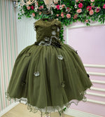 Vestido Juvenil Vila Lele Regata Flores Verde Militar